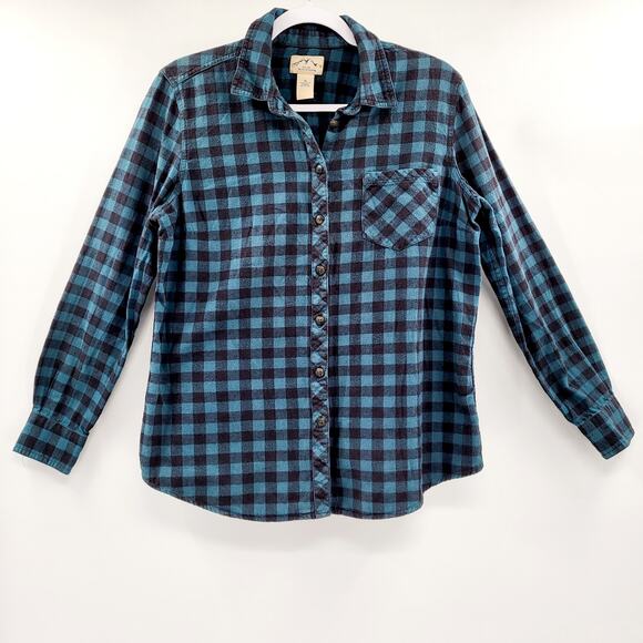 Blue Mountain Blue and Black 100% Cotton Plaid Flannel Button Up Women’s Size M - Picture 1 of 6